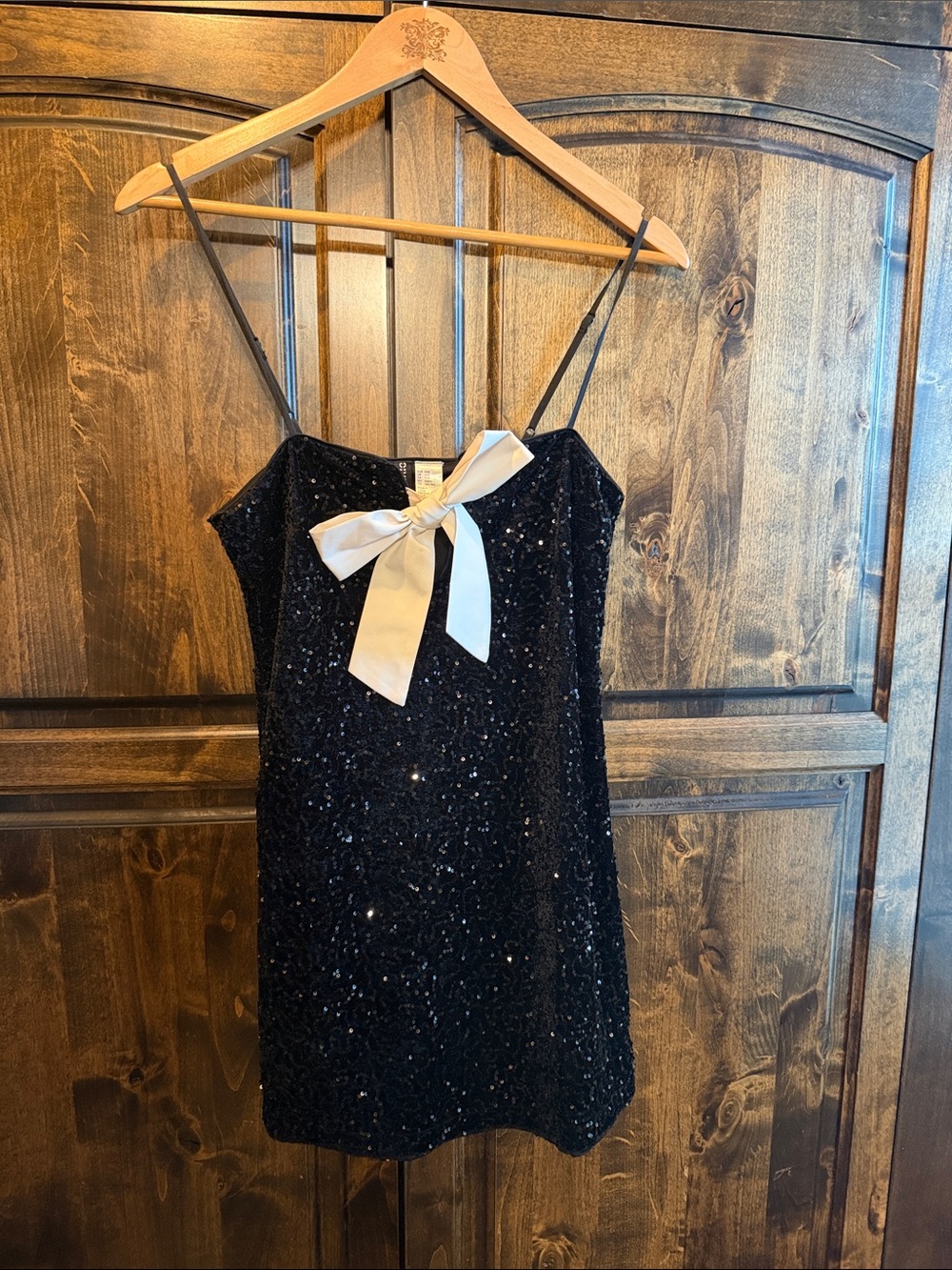 H&M Black Sequin Dress with Cream Bow